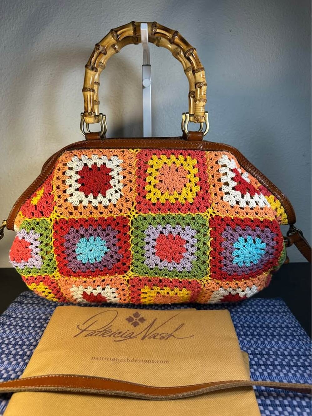 Patricia Nash Cantinella Multi Crochet Bag with Bamboo Handles Boho Satchel